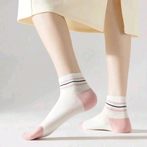 5 pair set pink light weight women's ankle socks black white pink casual dress - Picture 4 of 7